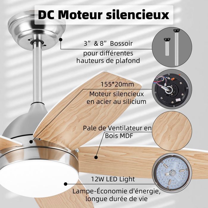 Vntilatur D Plafond 132cm Blanc, 3 Pals N Bois, Motur DC Révrsibl 6 Vitsss, Télécommand Au Millur Prix - View #4