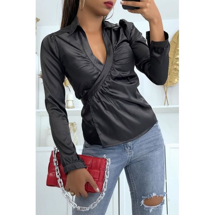 Chemisier Noir Satine Style Cache coeur Pour Femme Style Sexy Chic Noir Cdiscount Pret a Porter