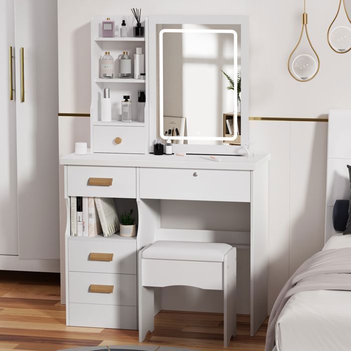 Coiffeuse Maquillage Avec Miroir LED 12 Ampoules Et 5 Tiroirs - Dimensions 80x40x135.5 Cm, Tabouret Inclus, Couleur Noir