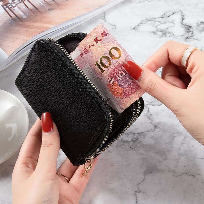 Portefeuille Femme Cuir PU Petit Format – RFID, 8 Emplacements Cartes, Porte-clés – Noir, Idéal Pour Sac à Main