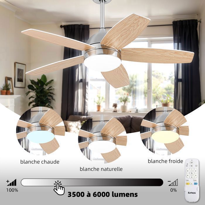 HOMCOM Ventilateur plafond réversible avec lumière et télécommande 46