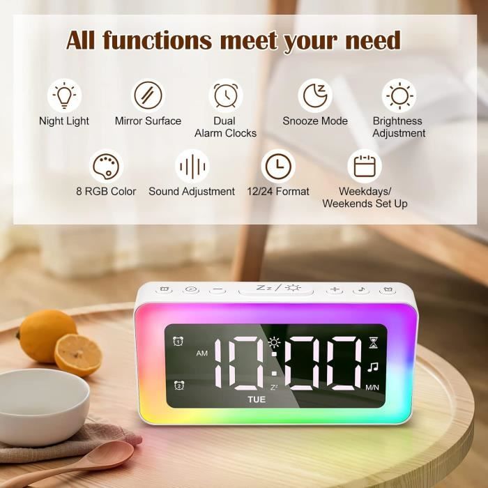 Réveil Numérique Avec écran RGB Et Veilleuse - Double Alarme, Luminosité Auto, Charge USB, Pour Chambre - 5