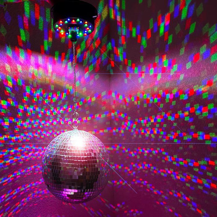 Remote Control 5 RPM-9 RPM Adjustable Mirror Ball Rotating Motor with 24 RGB Led Light for 4 6 8 12 Disco Balls (Not Include) for Party Decoration DJs (USB Powered/Battery Powered