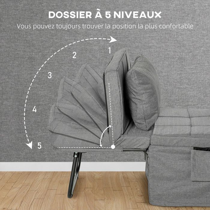 Fauteuil chauffeuse canapé-lit convertible 1 place déhoussable grand confort coussin pieds accoudoirs métal lin gris