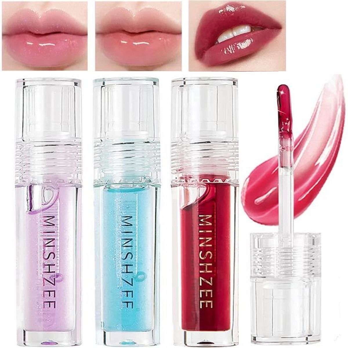 3Pcs Gloss à Lèvres hydratante en gelée, Clear Lip Glow Oil Transparent