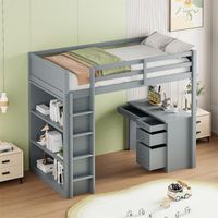 Lit mezzanine 90 x 200 cm avec armoires de rangement et table d'ordinateur, lit mezzanine enfant multifonctionnel en bois gris