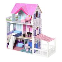 Maison de poupée en Bois HOMCOM - Grand réalisme - Multi-équipements - 3 Niveaux - Rose