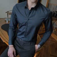 Chemise-chemisette,Chemise à manches longues en coton pour hommes,couleur unie,cintrée,décontracté,Business,blanc- Black[E2084]
