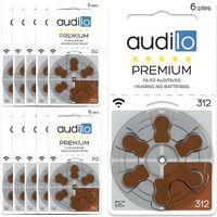 Piles auditives Audilo Premium Taille 312 (PR41) - Un lot de 60 piles auditives | 10 plaquettes | Couleur Marron