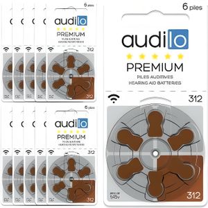 PILES Piles auditives Audilo Premium Taille 312 (PR41) - Un lot de 60 piles auditives | 10 plaquettes | Couleur Marron