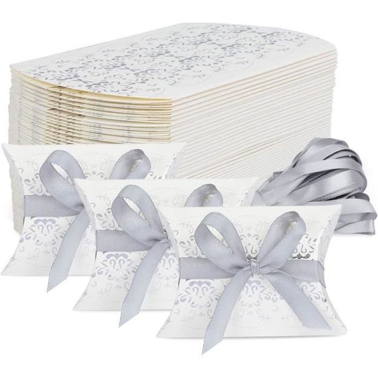 Lot 50 Boîtes à Dragées Pliables Forme Papillon - Déco Fête Mariage Anniversaire, 4,5x4,5x8,5 Cm, Avec Rubans, Violet