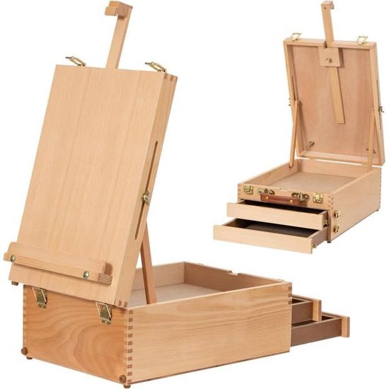 DJAR Grand Chevalet De Table Avec 3 Tiroirs - Chevalet Bois Hêtre Réglable Pour Peinture Et Dessin