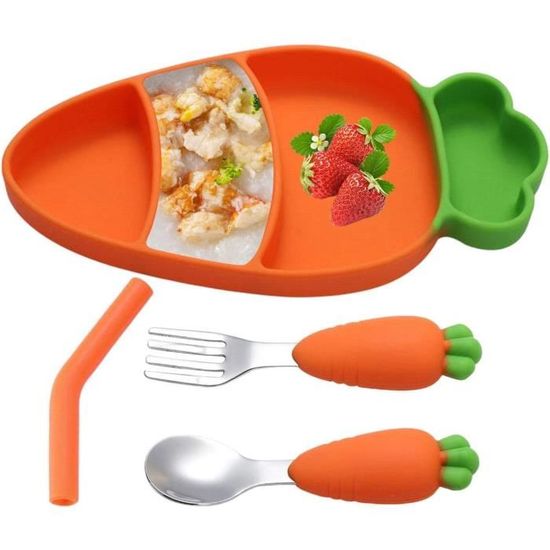 Assiette Bébé Ventouse Acier Inoxydable 3 Compartiments Avec Couverts - Sans BPA, Lave-vaisselle - 4