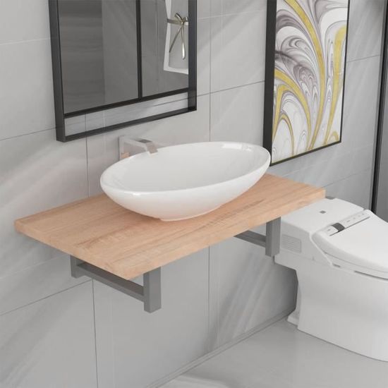Elégant 2 pcs Ensemble Mobilier de salle de bain Contemporain simple vasque + étagère - Meuble de rangement Céramique Chêne 42366