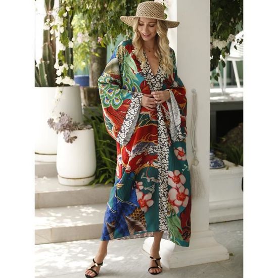 Robe de plage Robe Kimono Maxi pour Femme Vetement de Plage Cardigan Imprime Cuir oral elu Ete 2023 Floral Print U0484 Blanc Cdiscount Pret a Porter