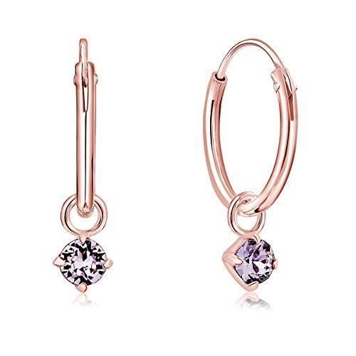 DTPsilver® Boucles d'oreilles PETITES Créoles en Argent 925 Plaqué Or Rose & Pendentif 3 mm Cristaux de Swarovski® Elements Ronds -