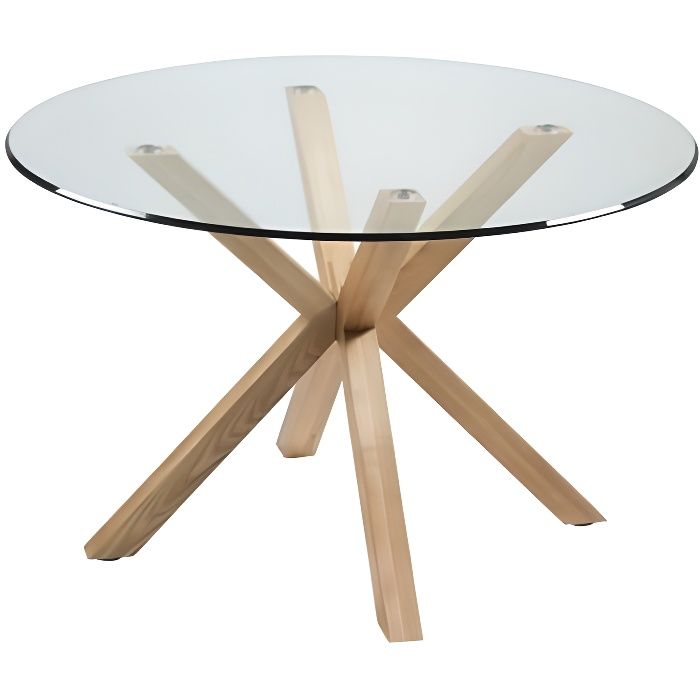 Table à manger plateau rond 120 cm verre et bois IDOL