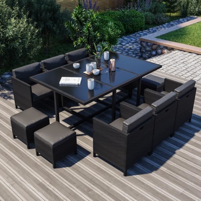 10 Places - Ensemble encastrable salon / table de jardin résine tressée-Noir - MUNGA 10B