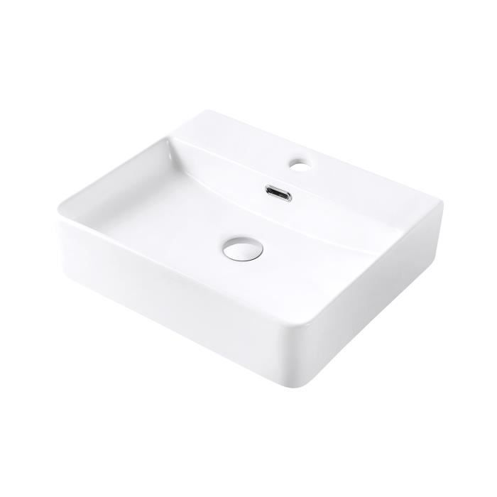 Huckle Vasque à poser - Vasque en Céramique forme rectangle - Vasque Salle de Bain - Blanc Lavabo - 50 × 45 × 13 cm