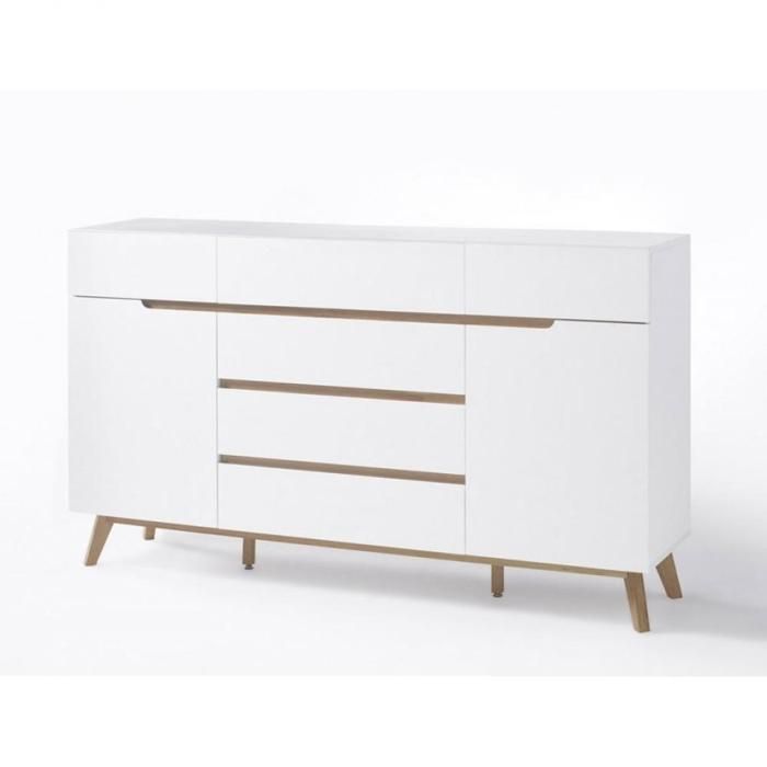 Buffet CACHAN blanc laqué mat 6 tiroirs 2 portes piétement en chêne blanc MDF Inside75