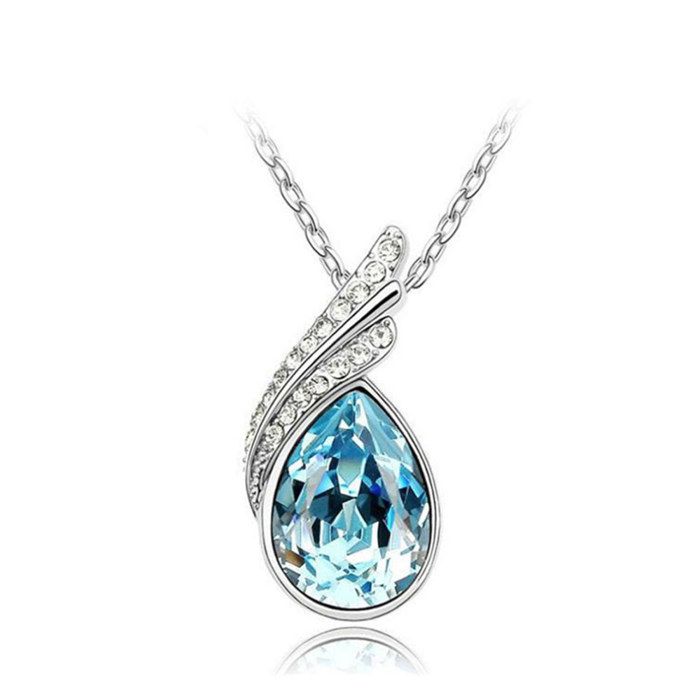 LCC® Collier femme argent cristaux avec faux diaments plaque d'argent pendentif goutte d'eau en fleur Swarovski Aquamarine elegante