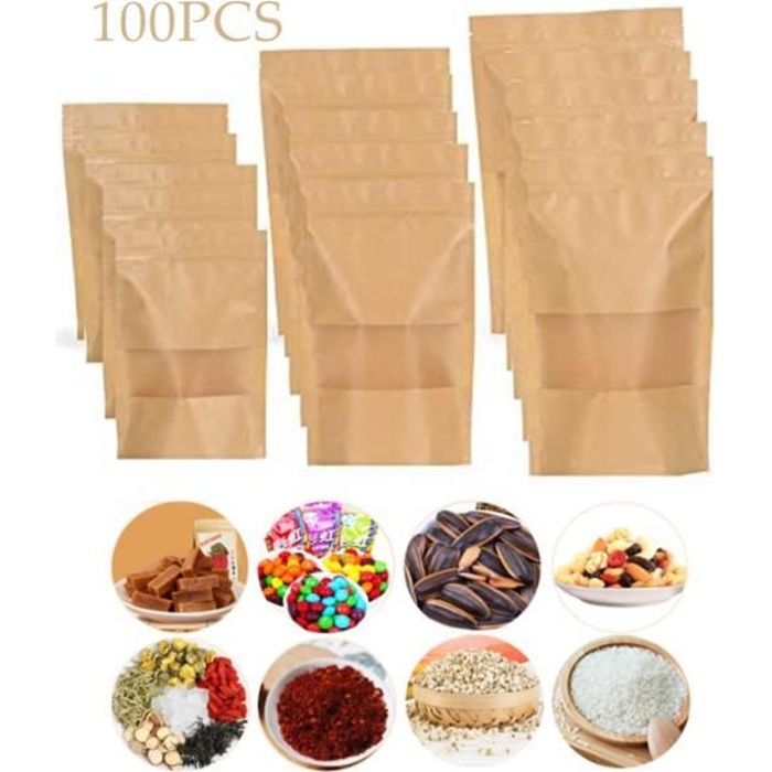 Sacs en Papier Kraft 100 Pcs Réutilisables à Fenêtre Transparente Sachets en Papier Kraft pour Emballage, café, thé, goûter