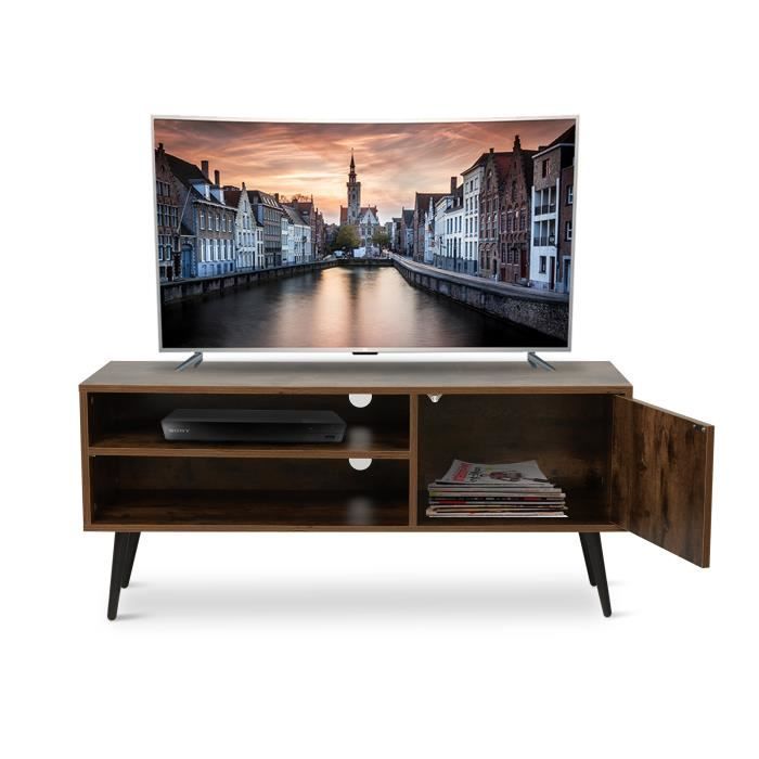 Meuble TV en bois Style industriel Pieds en métal avec étagères et trous de câble pour salon (1 porte) - Meerveil