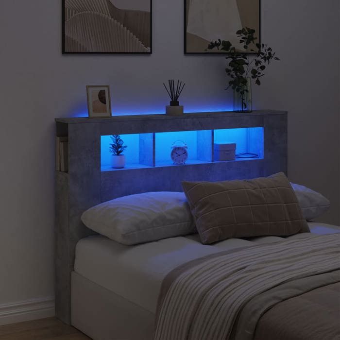 Tête de lit à LED-Armoire de tête de lit avec éclairage LED-Panneau de tête de lit gris béton 140x185x1035cm bois dingénierie
