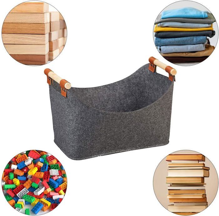 SPORWAY - Lot De 2 Paniers à Bois XXL Pliables En Feutre Épais - 65L, Poignée Bois - Pour Cheminée, Rangement - 10