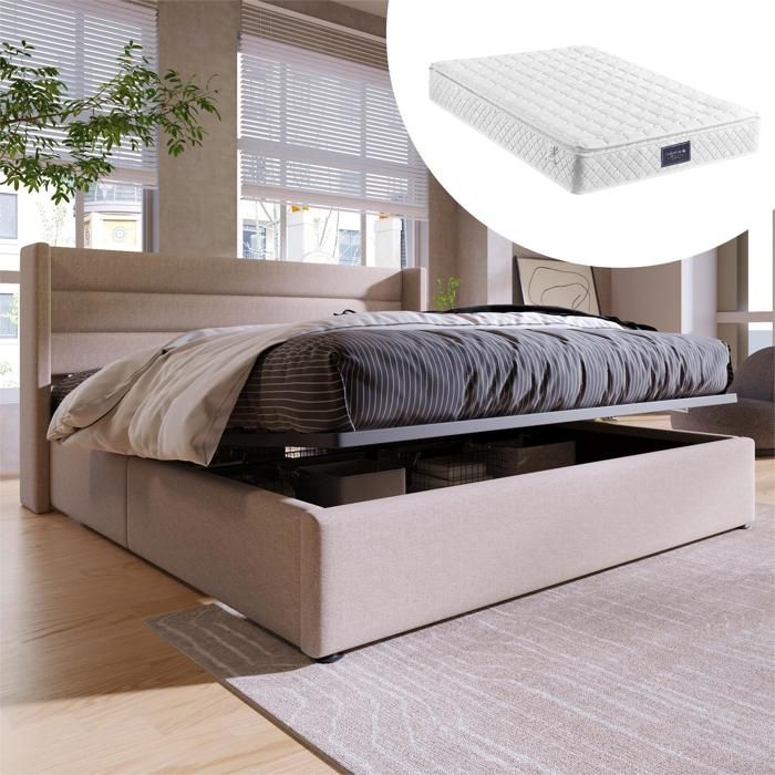 Lit Double 140x200cm Mécanisme Hydraulique - Structure Bois&métal Tissu Lin Beige Rangement Intégré Pratique(avec Matelas) Lit Double 140x200cm Mécanisme Hydraulique - Structure Bois&métal Tissu Lin Beige Rangement Intégré Pratique(avec Matelas)