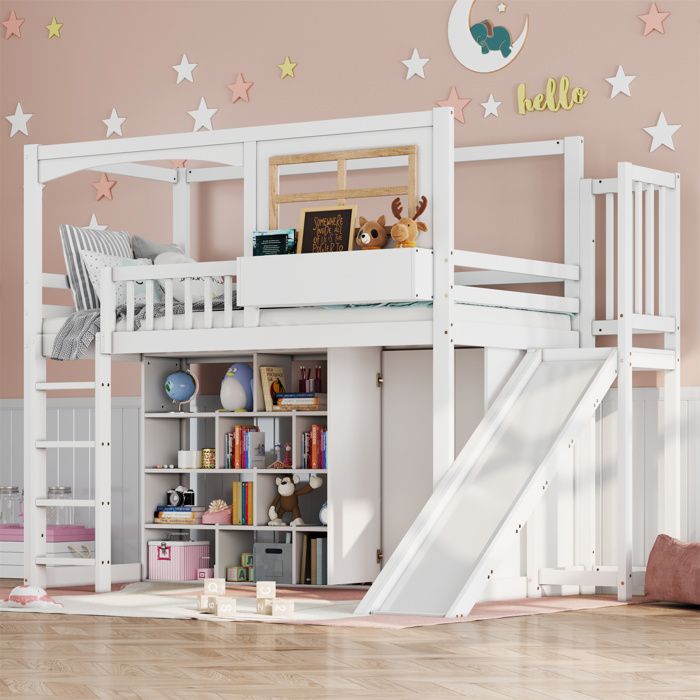 Lits Superposés Avec Toboggan - 4 Niveaux De Rangement Échelle Structure Pin&MDF Blanc 90x200cm Sans Matela