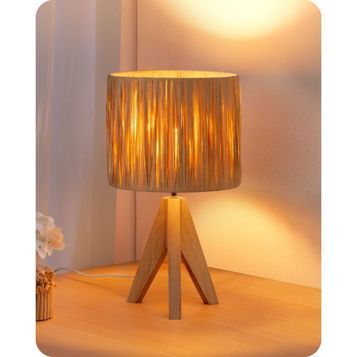 Lampe de chevet - EDISHINE - T21001 - Trépied bois massif - Abat-jour papier raphia - Ampoule E27 2700K fournie