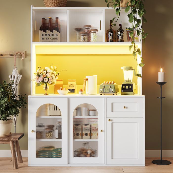 Armoire de Cuisine avec éclairage LED Vitrine HauteBuffet Salon de Cuisine avec étagères réglables120x35x167cm Blanc