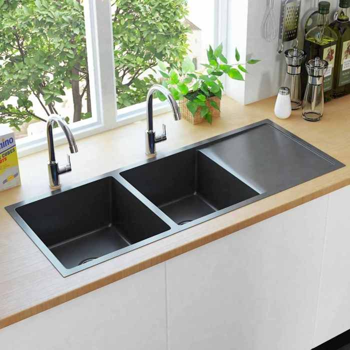 HSF®Évier de cuisine - 1 bac - Résistance à la chaleur jusquà 280 ° C - fait à la main Noir Acier inoxydable cvk43143