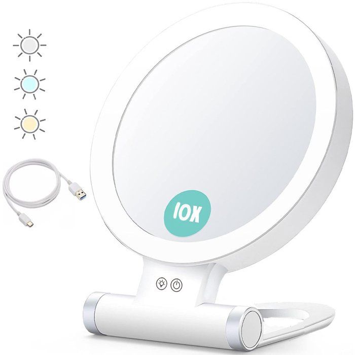 Miroir de maquillage - Grossissement x10 - 185 cm - Avec LED - Batterie 1000 mAh - Miroir grossissant - Rond - Rechargeable par
