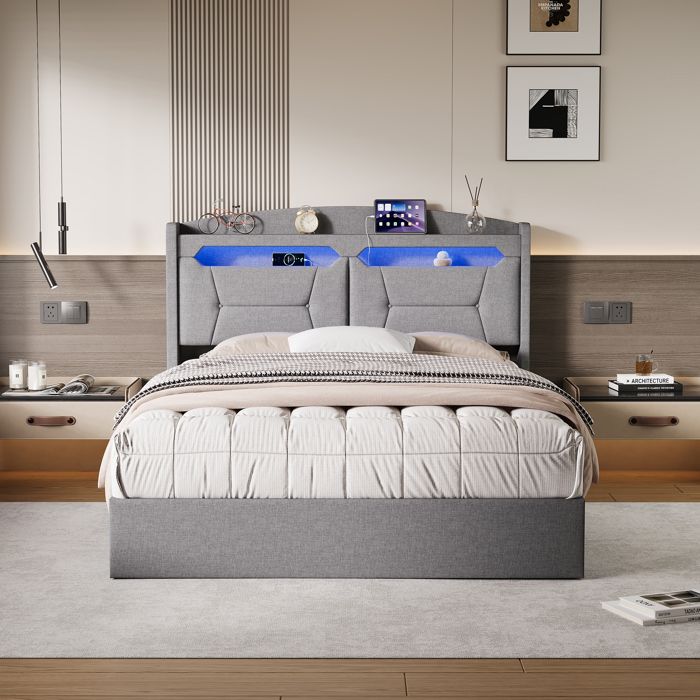 Lit Adulte 140x200 cm avec LED et USB Lit coffre double 140 x 200 cm Coffre de rangement avec sommier à lattes Lit capitonné