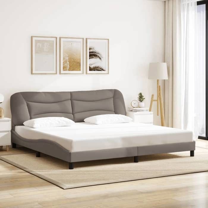 Cadre de lit avec tête de lit - UU - Hvar - 200x200 cm - Taupe - Tissu polyester - Contreplaqué - Pin massif
