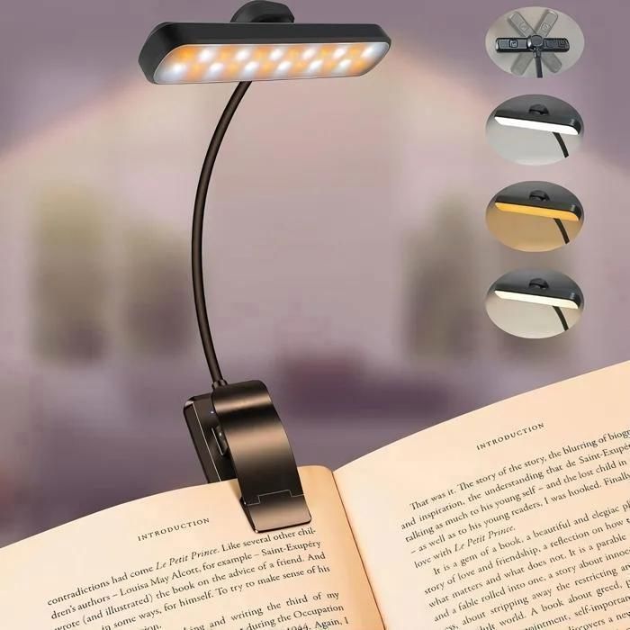 Lampe de Lecture 24 LED Liseuse Clip Rechargeable 3 Couleurs & 5 Luminosité 360° Cou Flexible Portable pour Lire au Lit Noir