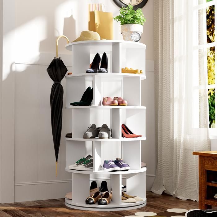 Maisentiel Étagère à chaussures rotative ronde blanche 5 niveaux en panneaux de particules 60 x 60 x 115 cm