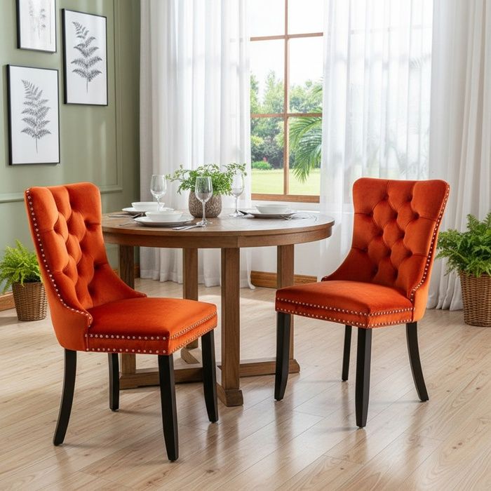 Lot de 2 Chaises de Salle à Manger Chaise de Cuisine Dossier à Ailes Pieds en bois massif Rembourrée Orange velours