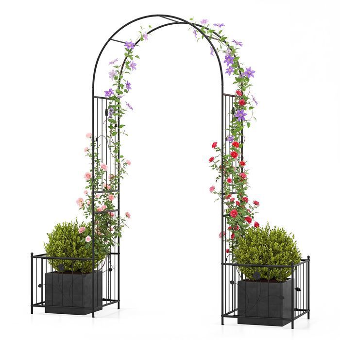 Arche de Jardin avec Treillis 100 x 50 x 221 cm COSTWAY-2 Bacs à Plantes-en Métal-Plantes GrimpantesRosiersVignes-Mariage Fête