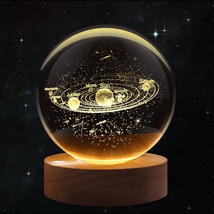 Veilleuse boule de cristal 3D Système solaire - Lumière holographique LED en verre alimentation USB luminosité réglable 6 cm
