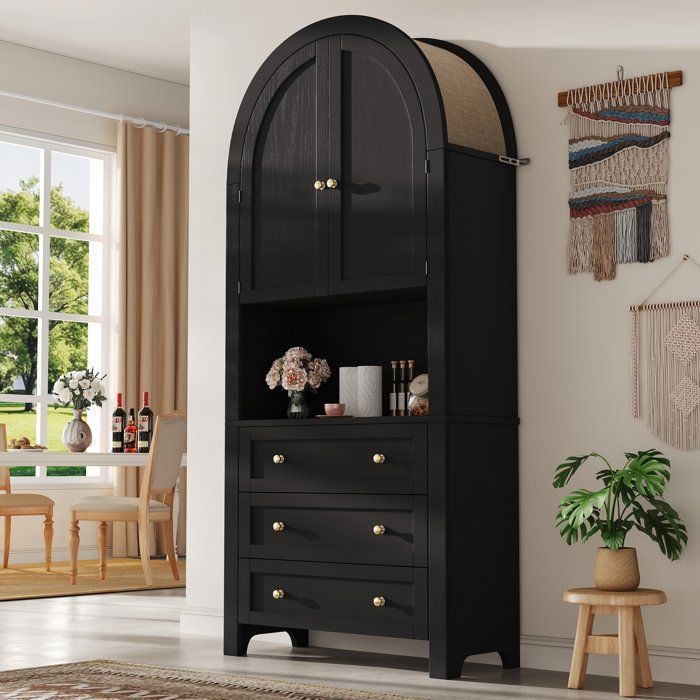 Buffet Haute Arche 70 x 35 x 180 cm avec 3 Tiroirs et Portes Courbées Meuble de Rangement Buffet haut Noir