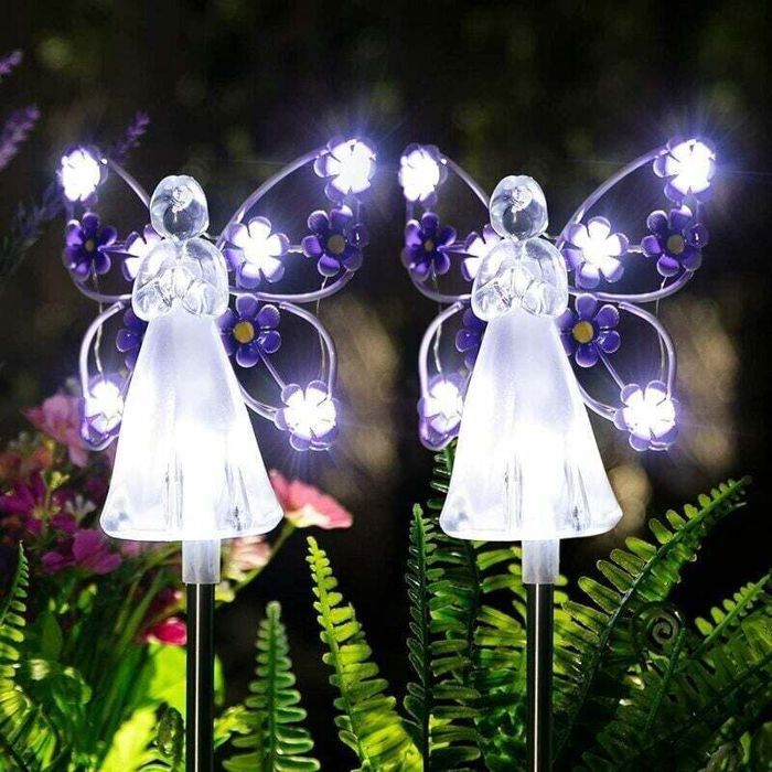 Lampes solaires sur piquet - PZCC - Angel - Lot de 2 - 7 LED - Blanc froid - Acier inoxydable
