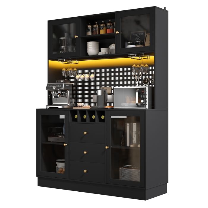 Armoire Haut de Cuisine Noir - 107 x 43 x 184 cm avec Éclairage Porte-Verres Porte-Bouteilles Étagères Réglables 3 Tiroirs et USB
