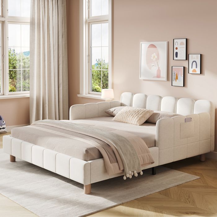 MIVRAY Lit avec Barrière Lit Double 140×190 cm avec Tête Capitonnée Accoudoirs Modulables sans Matelas Beige