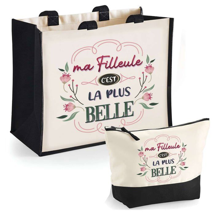 Duo cabas jute et trousse Filleule la plus belle Cadeau Filleule Anniversaire Noël  Sac de courses Pochette Maquillage Shopping