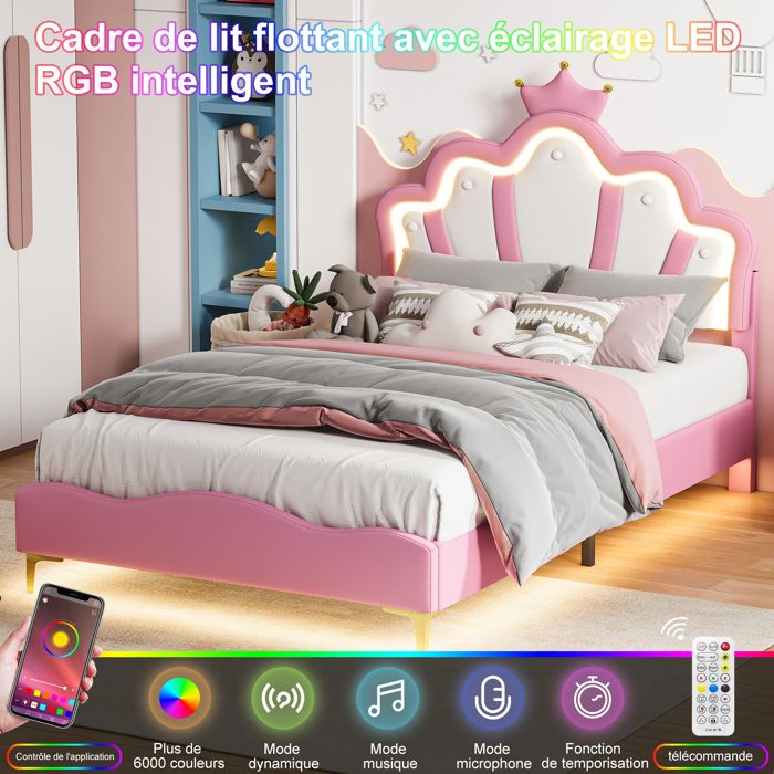 Lit 140 x 190 avec Sommier Lit Princesse LED à Couronne Tête Réglable PU Rose Sans Matelas