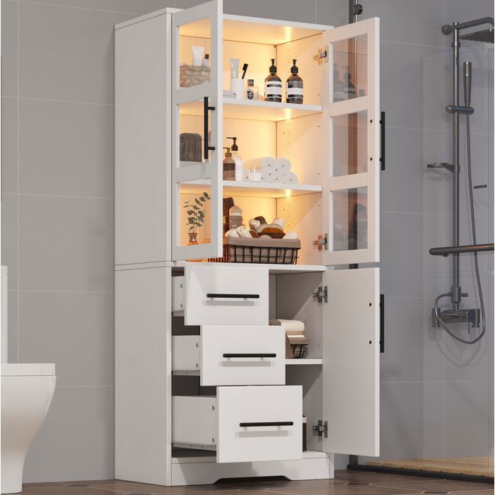 Colonne de salle de bain LED 72 x 35 x 170 cm en MDF et verre 2 portes vitrées 3 tiroirs blanc