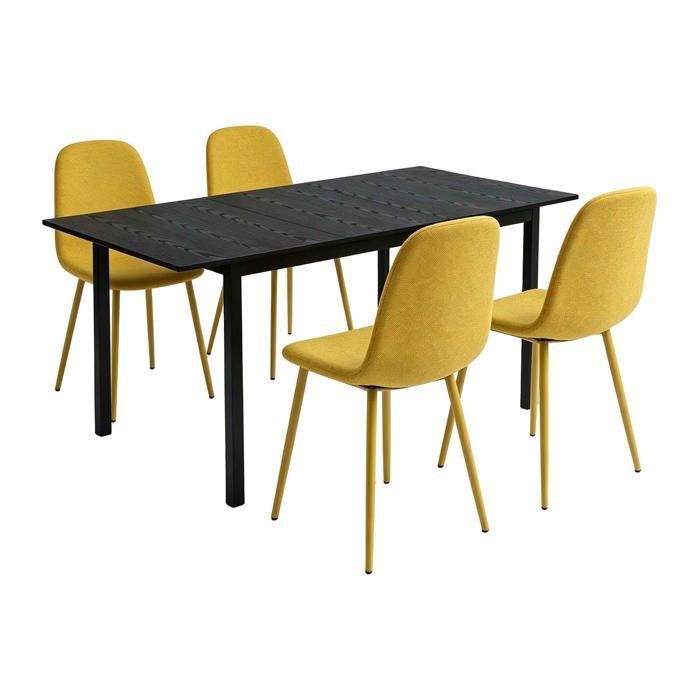 MEUBLES COSY Ensemble table à manger extensible noire et 4 chaises en tissu jaune doux style scandinave